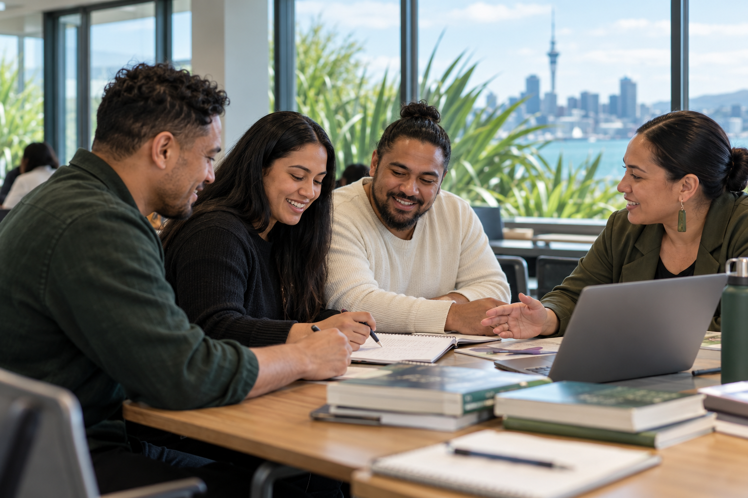 Illustrative Māori adult learners collaborating in a classroom