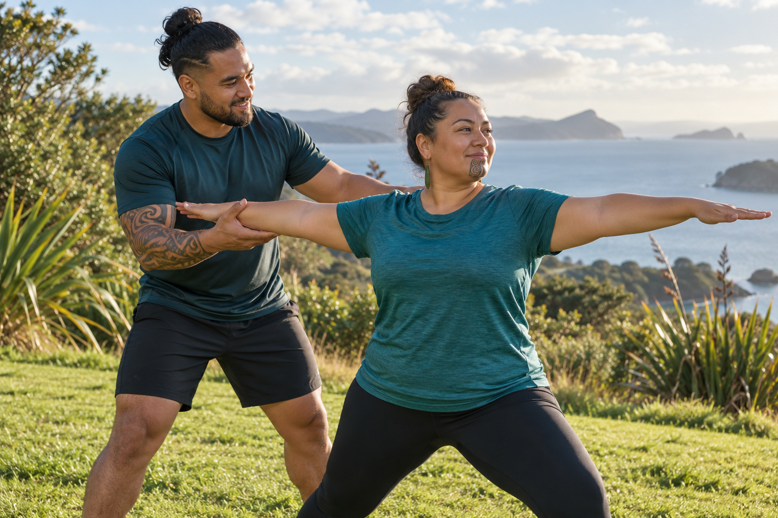 Illustrative Māori coach supporting outdoor movement and wellbeing