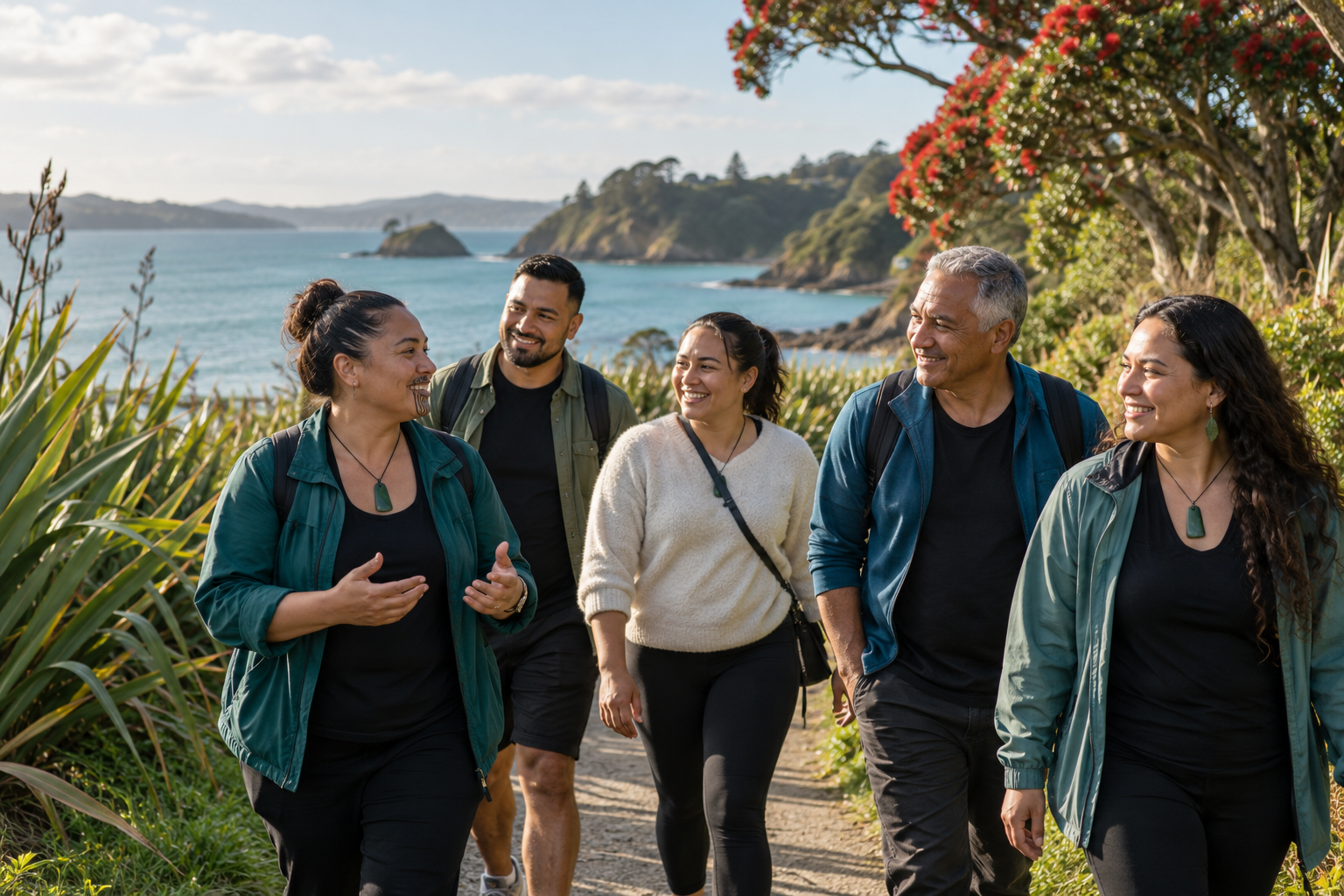 Illustrative Māori adults connecting during a coastal wellbeing walk