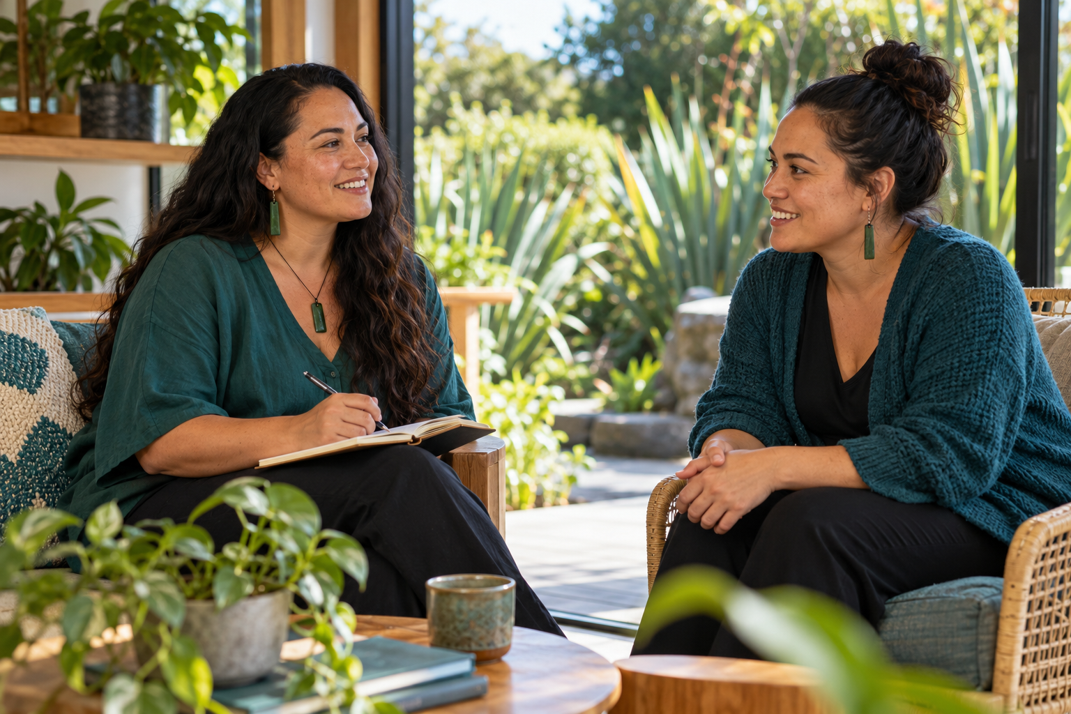 Illustrative Māori women in a wellness coaching conversation