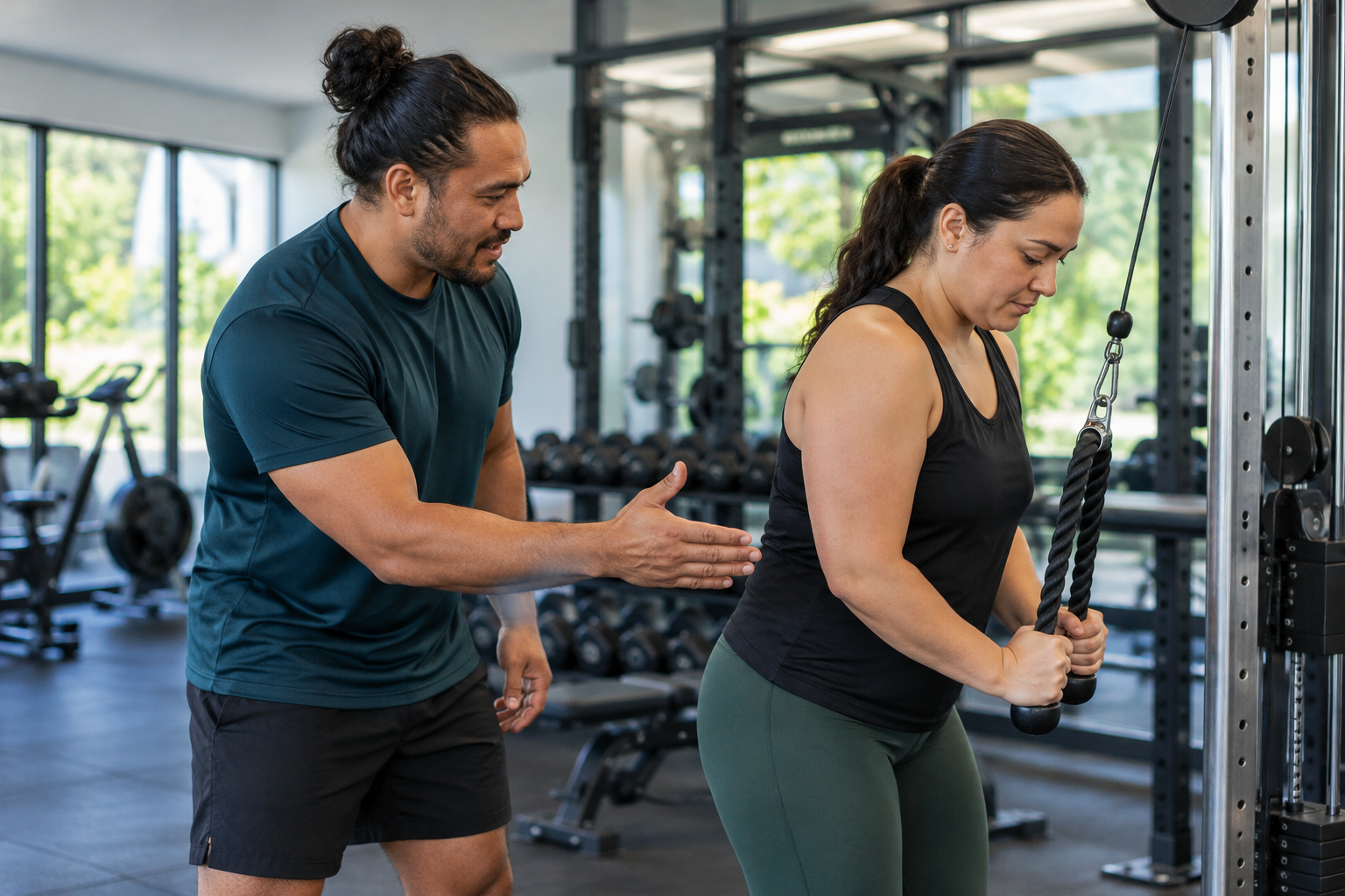 Illustrative Māori fitness educator guiding gym practice