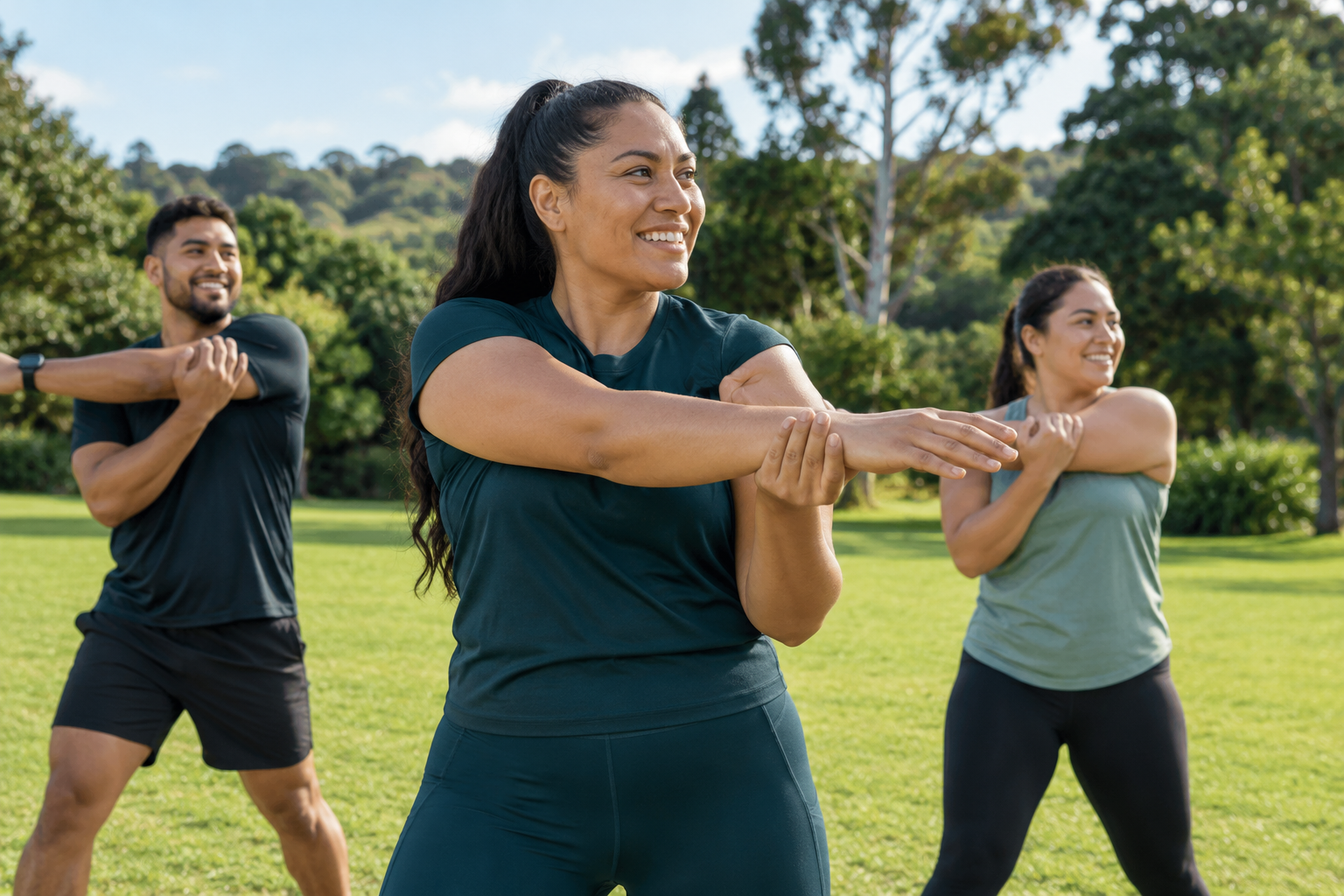 Illustrative Māori exercise coach leading an outdoor warm-up