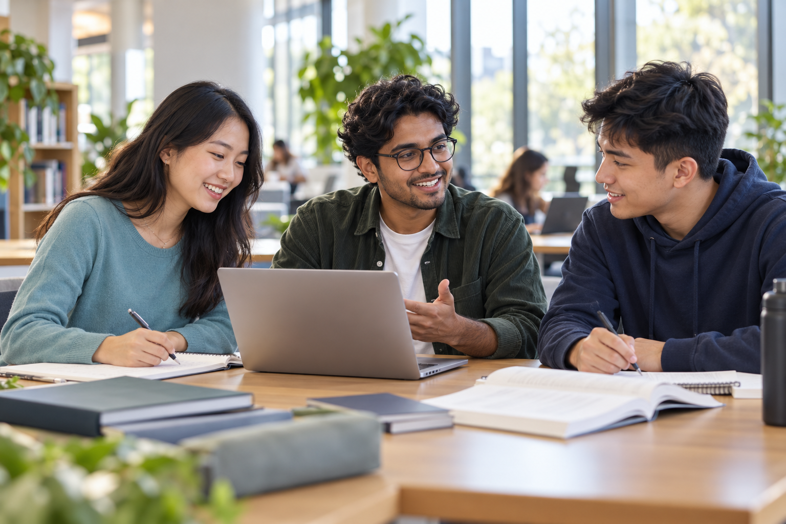Illustrative scene of international students learning together with a laptop and study materials