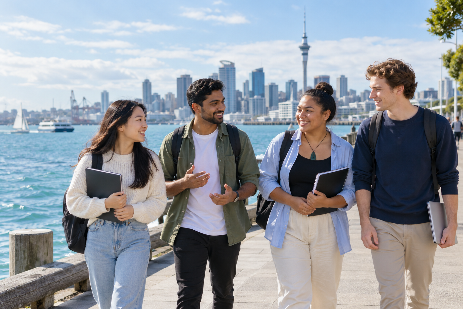 Illustrative scene of a diverse group of adult international students walking beside Auckland’s waterfront