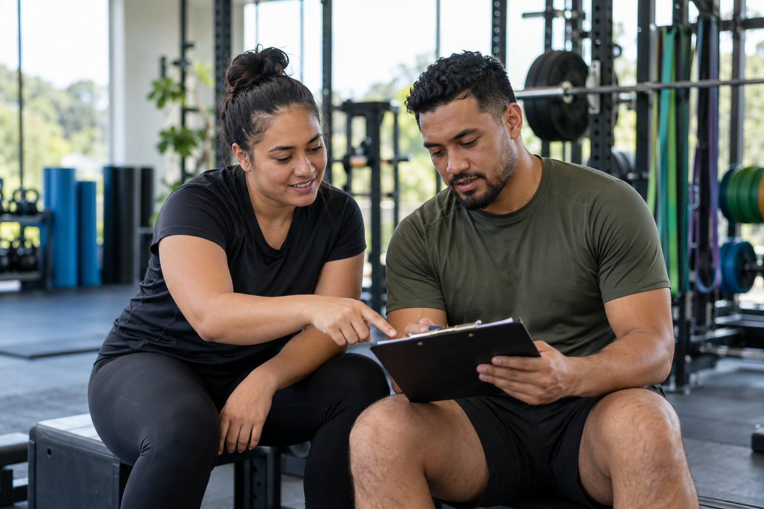 Illustrative Māori fitness learners reviewing a practical training plan