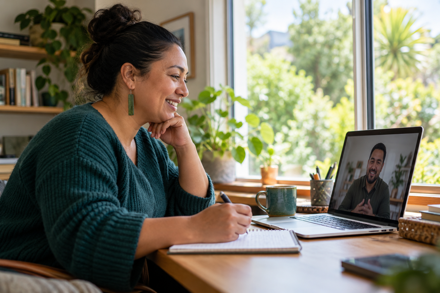 Illustrative Māori learner receiving support through a video call